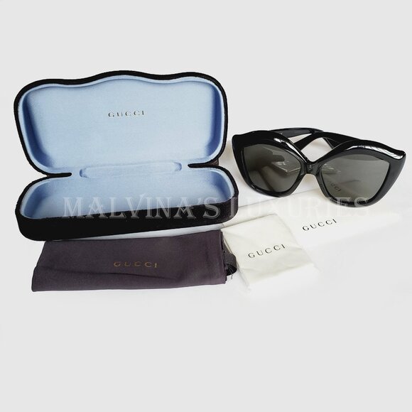 GUCCI SUNGLASSES GG0117S 001 OVERSIZED CAT EYE BLACK ACETATE LIPS - Picture 12 of 13